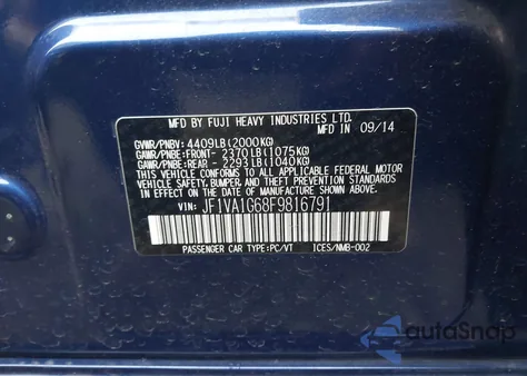 2015 Subaru Wrx Limited z USA, uszkodzony, nr VIN JF1VA1G68F9816791